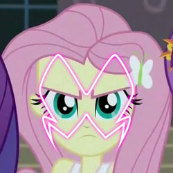 Size: 328x328 | Tagged: safe, edit, edited screencap, imported from derpibooru, screencap, fluttershy, rarity, sunny flare, equestria girls, friendship games, akumatized, angry, fluttershy is not amused, hawk moth, looking at you, miraculous ladybug, offscreen character, unamused