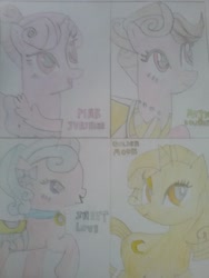 Size: 1944x2592 | Tagged: safe, artist:jerryakira80, imported from derpibooru, oc, oc only, oc:golden moon, oc:music bouquet, oc:pink sunshine, oc:sweet love, pony, clothes, dress, female, mare, saddle, tack, traditional art