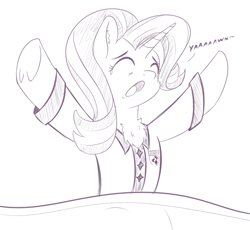 Size: 793x728 | Tagged: safe, artist:yakoshi, imported from derpibooru, starlight glimmer, pony, unicorn, bedsheets, chest fluff, clothes, eyes closed, female, mare, monochrome, open mouth, pajamas, simple background, sketch, solo, stretching, waking up, white background, yawn