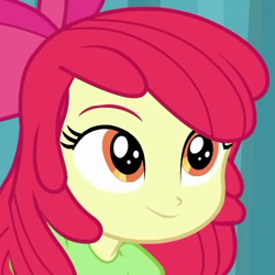 Size: 500x500 | Tagged: safe, imported from derpibooru, screencap, apple bloom, best in show: the pre-show, equestria girls, spoiler:eqg series (season 2), adorabloom, apple bloom's bow, bow, cropped, cute, female, hair bow, smiling, solo