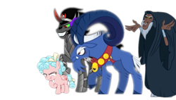 Size: 901x510 | Tagged: safe, imported from derpibooru, cozy glow, grogar, king sombra, lord tirek, centaur, pegasus, pony, unicorn, season 9, leak, spoiler:s09, 2019, clothes, evil grin, fake leak, female, filly, foal, grin, group, legion of doom, male, nose piercing, nose ring, piercing, quartet, ram, robe, septum piercing, smiling, speculation, stallion