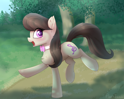 Size: 2237x1792 | Tagged: safe, artist:puetsua, imported from derpibooru, octavia melody, earth pony, pony, balancing, chest fluff, cute, ear fluff, female, fluffy, happy, leg fluff, looking at you, mare, open mouth, outdoors, park, path, raised hoof, raised leg, running, smiling, solo, tavibetes, tree