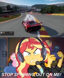 Size: 750x908 | Tagged: safe, imported from derpibooru, fluttershy, sunset shimmer, equestria girls, game stream, spoiler:eqg series (season 2), angry, car, circuit de spa francorchamps, comparison, controller, eau rouge, forza motorsport 7, gameplay, gamer sunset, headset, headset mic, lamborghini, lamborghini aventador sv, microsoft, psycho gamer sunset, race track, raidillon, read description, sunset gamer, sunset shimmer frustrated at game, sunset the angry gamer, tell me what you need, xbox, xbox one, youtube link