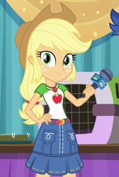 Size: 675x1000 | Tagged: safe, imported from derpibooru, screencap, applejack, flash sentry, best in show: the pre-show, equestria girls, equestria girls series, spoiler:eqg series (season 2), applejack's hat, belt, clothes, cowboy hat, cropped, denim skirt, freckles, geode of super strength, hat, magical geodes, microphone, offscreen character, skirt, smiling, stetson