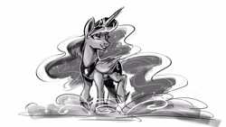 Size: 1920x1080 | Tagged: safe, artist:colorfulcolor233, artist:oofycolorful, imported from derpibooru, princess luna, alicorn, pony, female, grayscale, mare, monochrome, solo