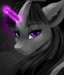 Size: 1728x2016 | Tagged: safe, artist:skylacuna, imported from derpibooru, twilight sparkle, pony, alternate hairstyle, female, glowing horn, long hair, looking at you, magic, mare, monochrome, neo noir, partial color, smiling, solo, speedpaint available