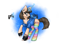 Size: 2048x1536 | Tagged: safe, artist:melonseed11, imported from derpibooru, oc, oc only, oc:nicole, pony, unicorn, clothes, controller, female, joystick, magic, mare, rainbow socks, socks, solo, striped socks