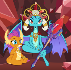 Size: 800x787 | Tagged: safe, artist:queencold, imported from derpibooru, princess ember, smolder, dragon, armband, bloodstone scepter, bracelet, coral, crown, dragon lands, dragon lord ember, dragoness, duo, face paint, featured image, female, gem, horn ring, i can't believe it's not hasbro studios, jewelry, looking at you, markings, necklace, nice hat, pearl necklace, queen, regalia, ring, shell, show accurate, tribal, tribal jewelry, tribal marking, tribal markings