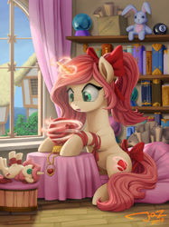 Size: 2000x2667 | Tagged: safe, artist:1jaz, imported from derpibooru, oc, oc only, oc:ruby aura, pony, unicorn, amulet, book, bookshelf, bow, commission, cottagecore, crystal ball, cute, female, hair bow, indoors, jewelry, magic, mare, ocbetes, plushie, ribbon, shelf, solo, table, tail bow, window