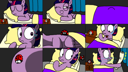 Size: 2880x1620 | Tagged: safe, artist:blackrhinoranger, imported from derpibooru, twilight sparkle, alicorn, beetle, insect, ladybug, pony, starlight the hypnotist, spoiler:interseason shorts, bed, clock, coccinellidaephobia, comic, curtains, dr. no, james bond, ladybird, paper, parody, sleeping, sweat, twilight hates ladybugs, twilight sparkle (alicorn), you monster