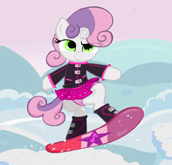 Size: 1766x1692 | Tagged: safe, artist:sallycars, edit, editor:liggliluff, imported from derpibooru, sweetie belle, pony, accidental exposure, bipedal, boots, clothes, female, jacket, midair, miniskirt, ms paint, panties, pink underwear, plaid skirt, pleated skirt, shoes, skirt, skirt flip, skirt lift, smiling, snow, snowboard, snowboarding, solo, underwear, upskirt