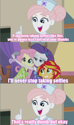 Size: 636x1077 | Tagged: safe, edit, edited screencap, imported from derpibooru, screencap, fluttershy, nurse redheart, rarity, sunset shimmer, constructive criticism, equestria girls, equestria girls series, rainbow rocks, comic, nurse purpleheart, ryan george, screencap comic, selfie, text