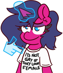 Size: 870x1010 | Tagged: safe, artist:threetwotwo32232, imported from derpibooru, oc, oc only, oc:fizzy pop, pony, unicorn, clothes, femboy, glowing horn, hand, lidded eyes, magic, magic hands, male, shirt, smiling, solo, stallion, t-shirt, trap