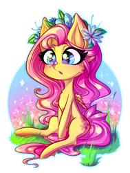 Size: 2893x3828 | Tagged: safe, artist:minamikoboyasy, imported from derpibooru, fluttershy, butterfly, pegasus, pony, cute, eyelashes, female, flower, flower in hair, grass, mare, open mouth, shyabetes, simple background, transparent background