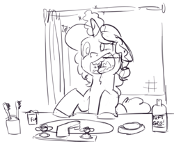 Size: 729x613 | Tagged: safe, anonymous artist, imported from derpibooru, oc, oc:marker pony, pony, unicorn, /mlp/, 4chan, bathroom, black and white, dental hygiene, female, floss, flossing, grayscale, levitation, magic, mare, mlpg, monochrome, open mouth, sink, soap, telekinesis