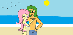 Size: 1429x684 | Tagged: safe, artist:syfyman2xxx, imported from derpibooru, fluttershy, sandalwood, equestria girls, belly button, bikini, clothes, female, male, midriff, pink bikini, pink swimsuit, sandalshy, shipping, straight, swimsuit