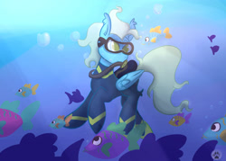 Size: 2500x1794 | Tagged: safe, artist:lycania29, imported from derpibooru, oc, oc only, oc:sea glow, fish, pony, air tank, bubble, commission, dive mask, flippers, flippers (gear), scuba diving, scuba mask, solo, underwater, wetsuit