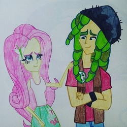 Size: 640x640 | Tagged: artist needed, safe, imported from derpibooru, fluttershy, sandalwood, equestria girls, female, male, pencil drawing, sandalshy, shipping, straight, traditional art