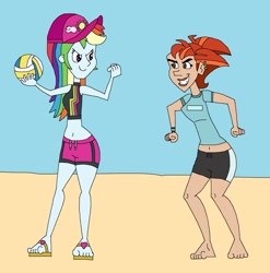 Size: 2021x2049 | Tagged: safe, artist:hunterxcolleen, imported from derpibooru, rainbow dash, human, equestria girls, equestria girls series, atlanta, beach, belly button, bikini, bikini top, cap, class of the titans, clothes, crossover, duel, feet, hat, sandals, shorts, sports, swimming trunks, swimsuit, volleyball