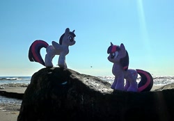 Size: 1761x1226 | Tagged: safe, artist:hihin1993, imported from derpibooru, twilight sparkle, alicorn, pony, beach, irl, japan, ocean, photo, plushie, rock, self ponidox, solo, twilight sparkle (alicorn)