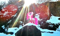 Size: 2163x1288 | Tagged: safe, artist:hihin1993, imported from derpibooru, pinkie pie, pony, clothes, crepuscular rays, irl, japan, majestic, photo, pinkamena diane pie, plushie, snow, socks, solo, striped socks