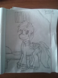 Size: 1944x2592 | Tagged: safe, artist:terminalhash, imported from derpibooru, rainbow dash, pony, bound wings, clothes, cuffs, female, graph paper, prison outfit, prisoner rd, shackles, sketch, solo, traditional art, wing cuffs