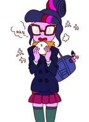 Size: 738x1010 | Tagged: safe, artist:xjleiu, imported from derpibooru, sci-twi, twilight sparkle, equestria girls, bag, clothes, cute, female, food, glasses, hair bun, long socks, miniskirt, open mouth, pixiv, pleated skirt, simple background, skirt, socks, solo, thigh highs, twiabetes, white background, zettai ryouiki