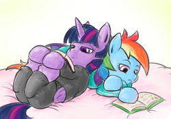 Size: 886x618 | Tagged: safe, artist:wakyaot34, imported from derpibooru, rainbow dash, twilight sparkle, alicorn, pegasus, pony, bed, book, clothes, duo, pajamas, reading, twilight sparkle (alicorn)