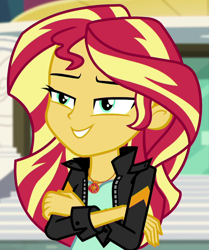 Size: 882x1056 | Tagged: safe, imported from derpibooru, screencap, sunset shimmer, equestria girls, mirror magic, spoiler:eqg specials, cropped, crossed arms, female, geode of empathy, jewelry, magical geodes, necklace, solo