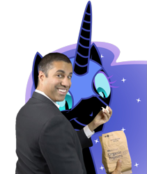 Size: 865x1024 | Tagged: safe, deleted from derpibooru, editor:apex soundwave, imported from derpibooru, nightmare moon, alicorn, human, pony, ajit pai, cute, exploitable meme, feeding, female, food, irl, mare, meme, notsobot, old meme, photo, ponies in real life, popcorn, simple background, transparent background