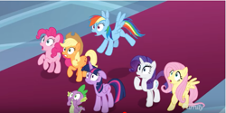 Size: 967x484 | Tagged: safe, imported from derpibooru, screencap, applejack, fluttershy, pinkie pie, rainbow dash, rarity, spike, twilight sparkle, alicorn, dragon, earth pony, pegasus, pony, unicorn, season 9, the beginning of the end, spoiler:s09, applejack's hat, cowboy hat, discovery family logo, female, flying, hat, male, mane seven, mane six, mare, shocked, shrunken pupils, stetson, twilight sparkle (alicorn), winged spike, wings