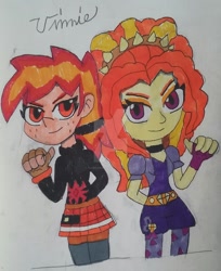 Size: 1024x1256 | Tagged: safe, artist:tobiisabunny, imported from derpibooru, adagio dazzle, oc, oc:daybreak flare, human, equestria girls, monochrome, traditional art