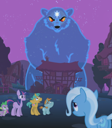 Size: 1668x1906 | Tagged: safe, composite screencap, edit, edited screencap, imported from derpibooru, screencap, snails, snips, spike, trixie, twilight sparkle, bear, dragon, pony, unicorn, ursa, ursa minor, boast busters, season 1, butt, colt, cutie mark, female, frown, male, mare, moon, night, open mouth, panorama, plot, ponyville, stars, the great and powerful ass, unicorn twilight, wavy mouth