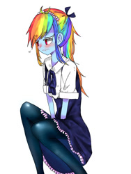 Size: 768x1024 | Tagged: safe, artist:sakurai, imported from derpibooru, rainbow dash, equestria girls, alternate hairstyle, blushing, clothes, colored eyelashes, cute, dashabetes, dress, female, maid, no pupils, pantyhose, pixiv, ponytail, rainbow dash always dresses in style, rainbow maid, simple background, solo, white background