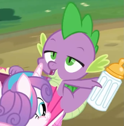 Size: 679x687 | Tagged: safe, imported from derpibooru, screencap, princess flurry heart, spike, pony, a flurry of emotions, baby bottle, claws, cropped, male, not what it looks like, out of context