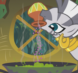 Size: 1630x1523 | Tagged: safe, composite screencap, edit, edited screencap, imported from derpibooru, screencap, zecora, zebra, bridle gossip, bubbly cauldron, cauldron, everfree forest, panorama, zecora's hut