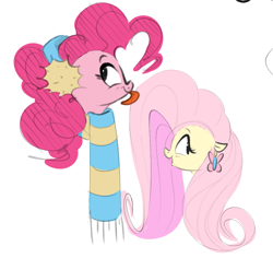 Size: 1170x1106 | Tagged: safe, artist:hattsy, imported from derpibooru, fluttershy, pinkie pie, earth pony, pegasus, pony, clothes, earmuffs, female, licking, mare, open mouth, scarf, simple background, smiling, tongue out, white background