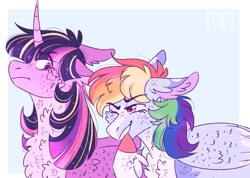 Size: 913x651 | Tagged: safe, artist:wanderingpegasus, imported from derpibooru, rainbow dash, twilight sparkle, alicorn, pegasus, pony, chest fluff, duo, ear fluff, female, floppy ears, mare, smiling, twilight sparkle (alicorn), unamused