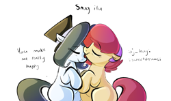 Size: 1959x1160 | Tagged: safe, artist:hattsy, deleted from derpibooru, imported from derpibooru, oc, oc only, oc:hattsy, oc:lotus bud, earth pony, pony, cuddling, dialogue, eyes closed, femboy, gay, hat, holding hooves, hug, male, open mouth, simple background, sitting, smiling, top hat, white background