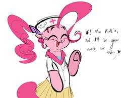 Size: 986x768 | Tagged: safe, artist:hattsy, imported from derpibooru, pinkie pie, earth pony, pony, semi-anthro, bipedal, blushing, clothes, cute, dialogue, eyes closed, female, frog (hoof), hat, mare, nurse hat, nurse outfit, open mouth, pleated skirt, ponytail, shirt, skirt, smiling, solo, stethoscope, underhoof