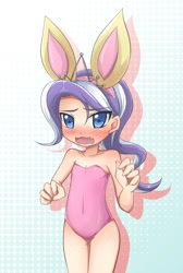 Size: 718x1071 | Tagged: safe, artist:jinzhan, deleted from derpibooru, imported from derpibooru, diamond tiara, human, bare shoulders, blushing, bunny ears, clothes, cute, cute little fangs, diamond tsundiara, diamondbetes, fangs, humanized, one-piece swimsuit, open mouth, solo, strapless, swimsuit, tsundere