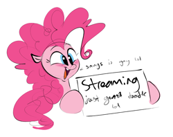 Size: 1404x1112 | Tagged: safe, artist:hattsy, imported from derpibooru, pinkie pie, earth pony, pony, blushing, dialogue, female, hoof hold, open mouth, sign, smiling, solo