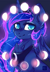 Size: 2834x4015 | Tagged: safe, artist:ruef, imported from derpibooru, princess luna, alicorn, pony, cheek fluff, chest fluff, colored pupils, constellation, cute, ear fluff, eyebrows, eyebrows visible through hair, female, leg fluff, lunabetes, mare, moon, phases, smiling, solo