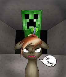 Size: 3100x3600 | Tagged: safe, artist:linlaifeng, imported from derpibooru, button mash, earth pony, pony, don't mine at night, colt, creeper, dialogue, eye clipping through hair, floppy ears, foal, hat, imminent explosion, male, minecraft, open mouth, propeller hat, solo, speech bubble, this will end in death, this will end in explosions