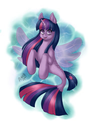 Size: 771x1000 | Tagged: safe, artist:d.lycaon, imported from derpibooru, twilight sparkle, alicorn, seapony (g4), my little pony: the movie, cute, dorsal fin, eyebrows, eyebrows visible through hair, female, fin, fin wings, fins, fish tail, flowing mane, flowing tail, horn, looking at you, mare, ocean, open mouth, pixiv, seaponified, seapony twilight, signature, smiling, smiling at you, solo, species swap, spread wings, swimming, tail, twiabetes, twilight sparkle (alicorn), underwater, water, wings