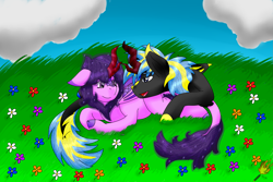 Size: 2815x1882 | Tagged: safe, artist:midnightfire1222, imported from derpibooru, oc, oc:arc flash, oc:cadenza, kirin, couple, flower meadow, married, pregnant