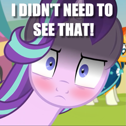 Size: 721x720 | Tagged: safe, artist:agrol, edit, imported from derpibooru, starlight glimmer, sunburst, blushing, caption, female, glarelight glimmer, image macro, male, reaction image, shipping, starburst, straight, text, time for two, what has been seen