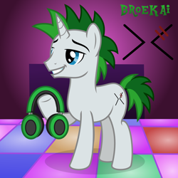 Size: 2000x2000 | Tagged: safe, artist:tacobender, imported from derpibooru, oc, oc only, pony, unicorn, dance floor, green hair, happy, headphones, male, musician, show accurate, solo, stallion, vector, white coat, youtuber