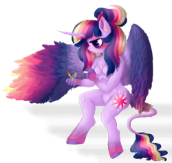 Size: 1658x1572 | Tagged: safe, alternate version, artist:unoriginai, imported from derpibooru, twilight sparkle, alicorn, anthro, classical unicorn, unguligrade anthro, unicorn, alternate hairstyle, breasts, chest, chest fluff, cleavage fluff, cloven hooves, colored wings, drug use, drugs, ear fluff, ear piercing, earring, featureless breasts, finger hooves, fire, highlight sparkle, hoof hands, jewelry, joint, leonine tail, lighter, marijuana, multicolored wings, piercing, rainbow wings, tail feathers, twilight sparkle (alicorn), unshorn fetlocks