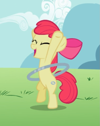 Size: 497x626 | Tagged: safe, imported from derpibooru, screencap, apple bloom, earth pony, pony, the cutie pox, bipedal, bow, cropped, eyes closed, female, filly, hair bow, happy, hooves in air, loop-de-hoop, open mouth, smiling, solo